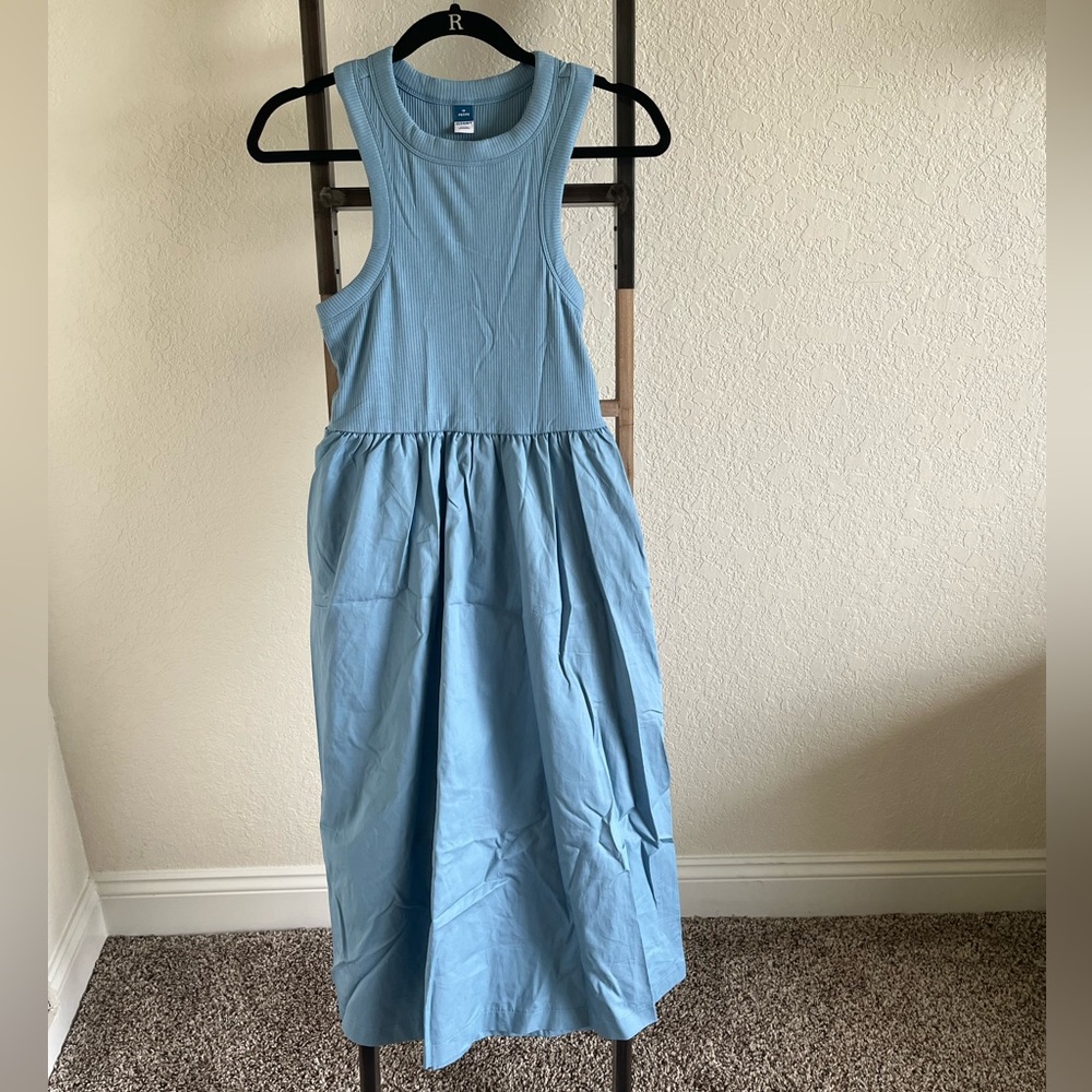 Fit & Flare High Neck Combination Midi Dress for Women in Blue Fluorite Medium P